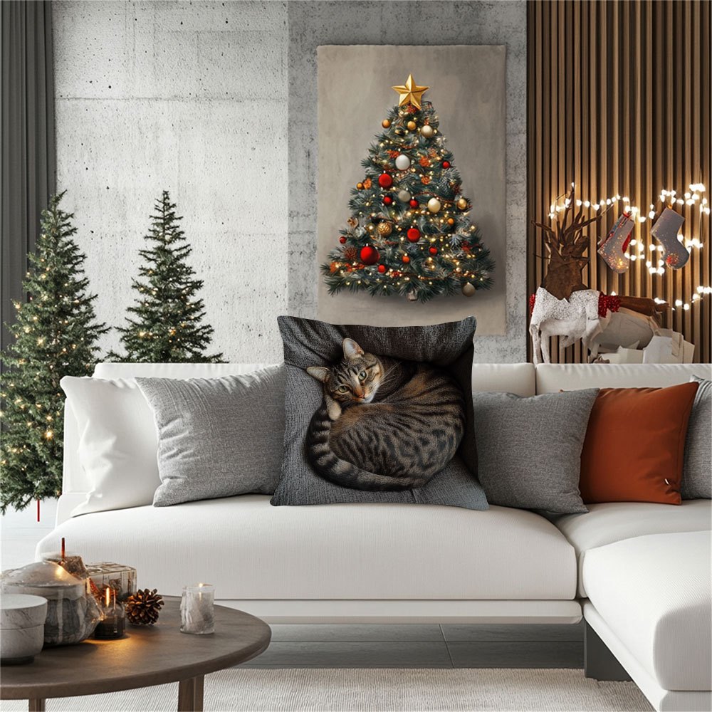 Double-Sided Cat Throw Pillow Cover Polyester Holiday Decor Gift for Wife