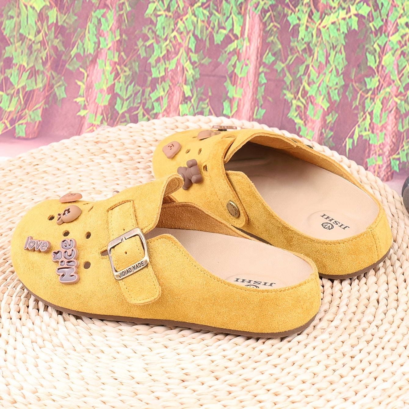 Women’s Microfiber Cartoon Letter Mule Shoes - Casual All-Season Flat Beige