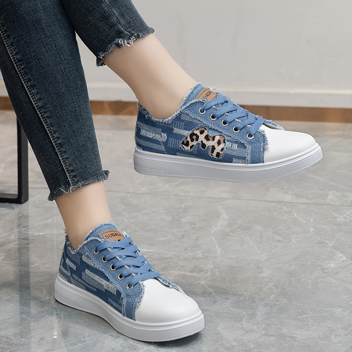 Women's Faux Denim Sneakers with Leopard Print, Breathable Fabric, All-Season Comfort