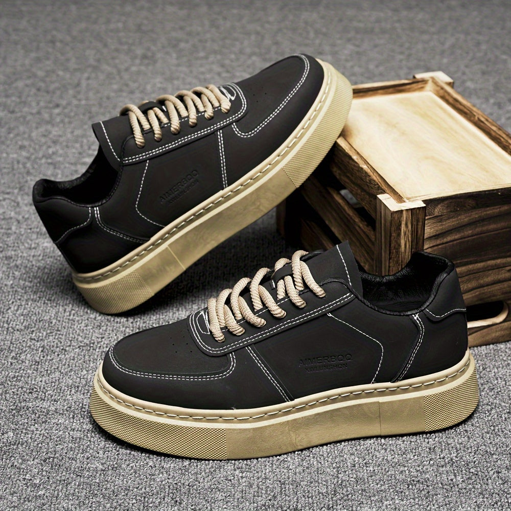 Men's Solid Color Low Top Platform Skateboard Sneakers Non-Slip Durable Casual Outdoor Shoes