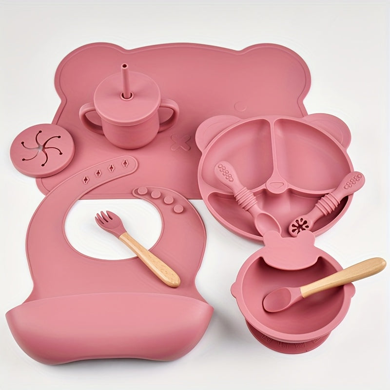 Silicone Baby Feeding Set 10 Pieces for Ages 0-3 Non-Slip Plate Bowl Bib Straw Cup Spoon Fork