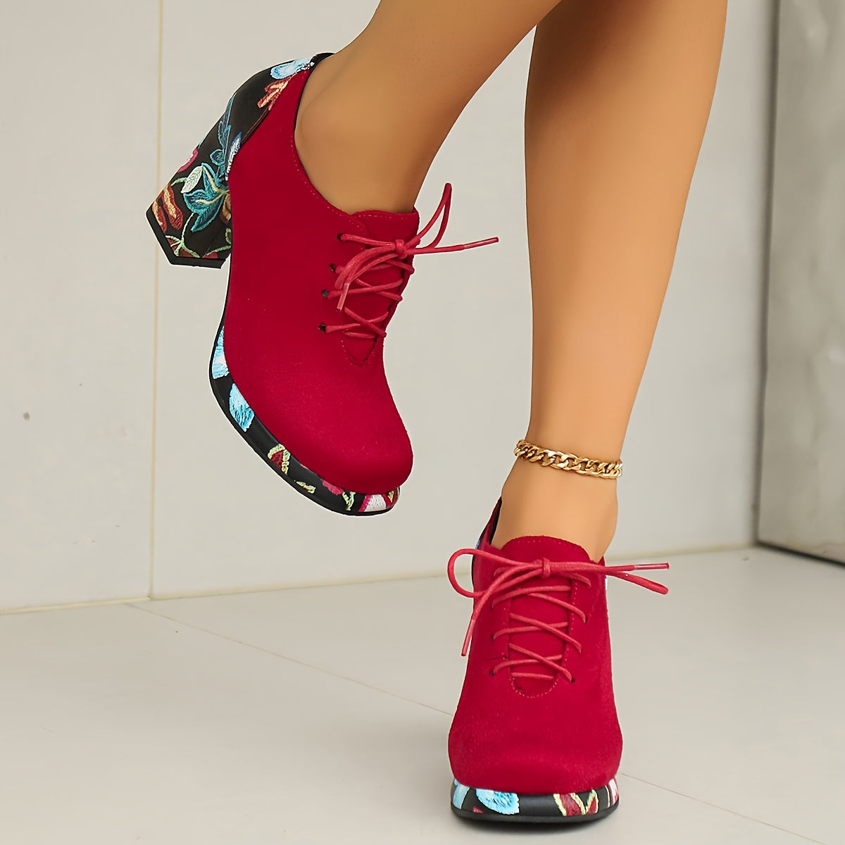 Women's Ankle Boots Fabric Platform Lace-Up Chunky Heel Black Floral Navy Red