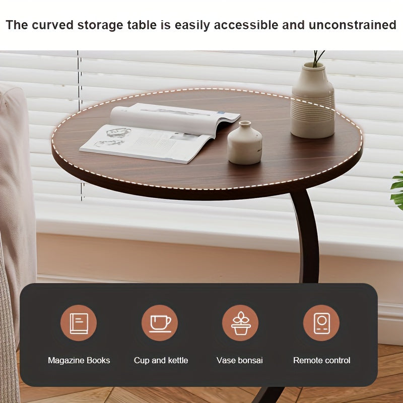 Mesita de metal y madera con acabado en roble, almacenamiento, base pedestal que ahorra espacio