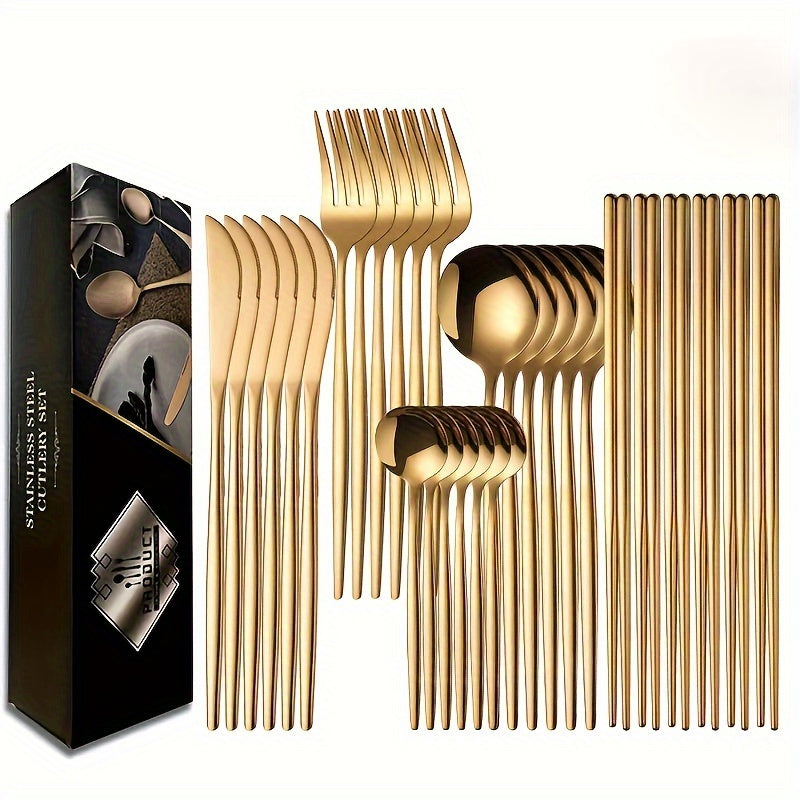 16-Donali oltin zanglamaydigan po'latdan tayyorlangan stol anjomlari to'plami, to'ylar va maxsus tadbirlar uchun, 6 ta biftek pichog'i, chinnigullar va qoshiq bilan