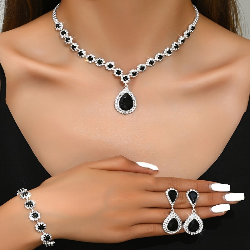 Silver Bridal Jewelry Set with Flower Design Synthetic Diamonds Necklace Earrings Bracelet