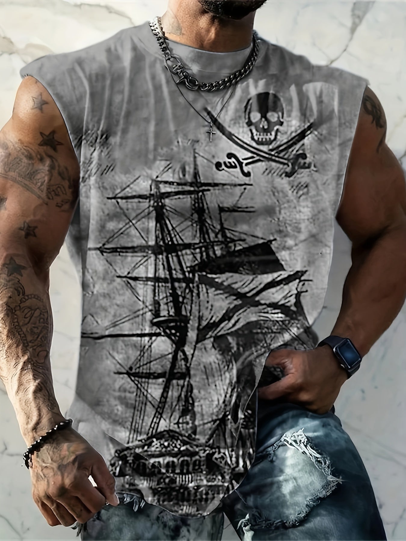 Men's Plus Size Pirate Ship Graphic Tank Top Breathable Polyester Summer Street Style