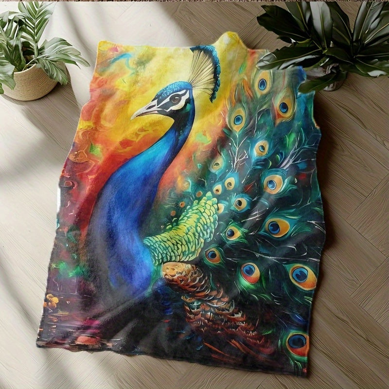 Peacock Print Flannel Throw Blanket for All Seasons Hand Washable Stylish