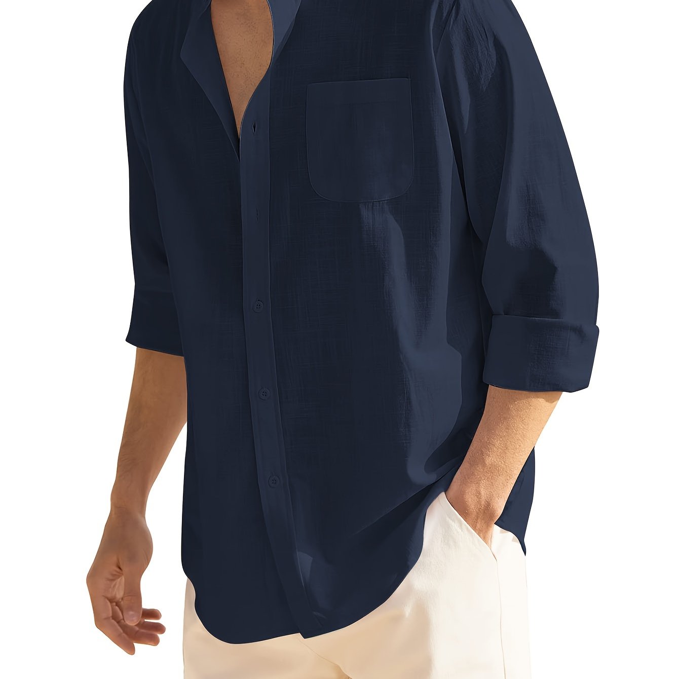 Men's Cotton Vertical Striped Band Collar Shirt Long Sleeve Casual Wear