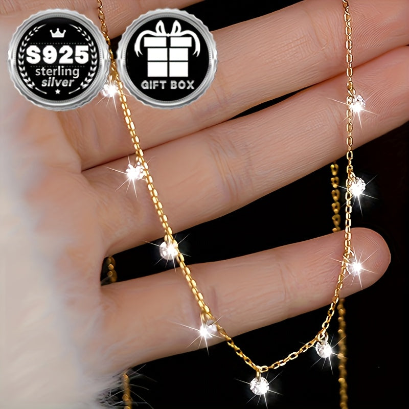 Sterling Silver Clavicle Necklace with Cubic Zirconia Pendant for Women