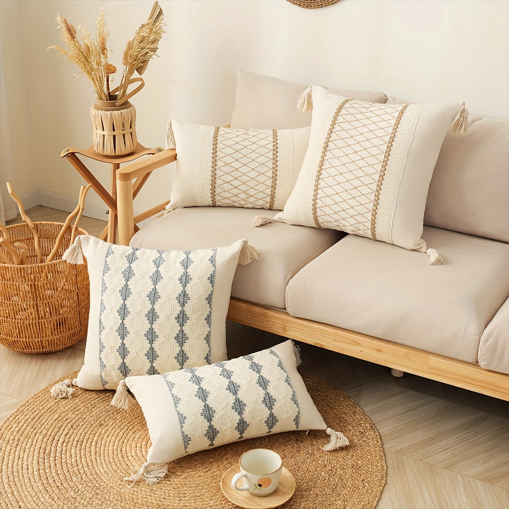 Bohemian Fringe Pillow Cover Geometric Pattern Orange Beige White Cushion Case for Sofa Decor