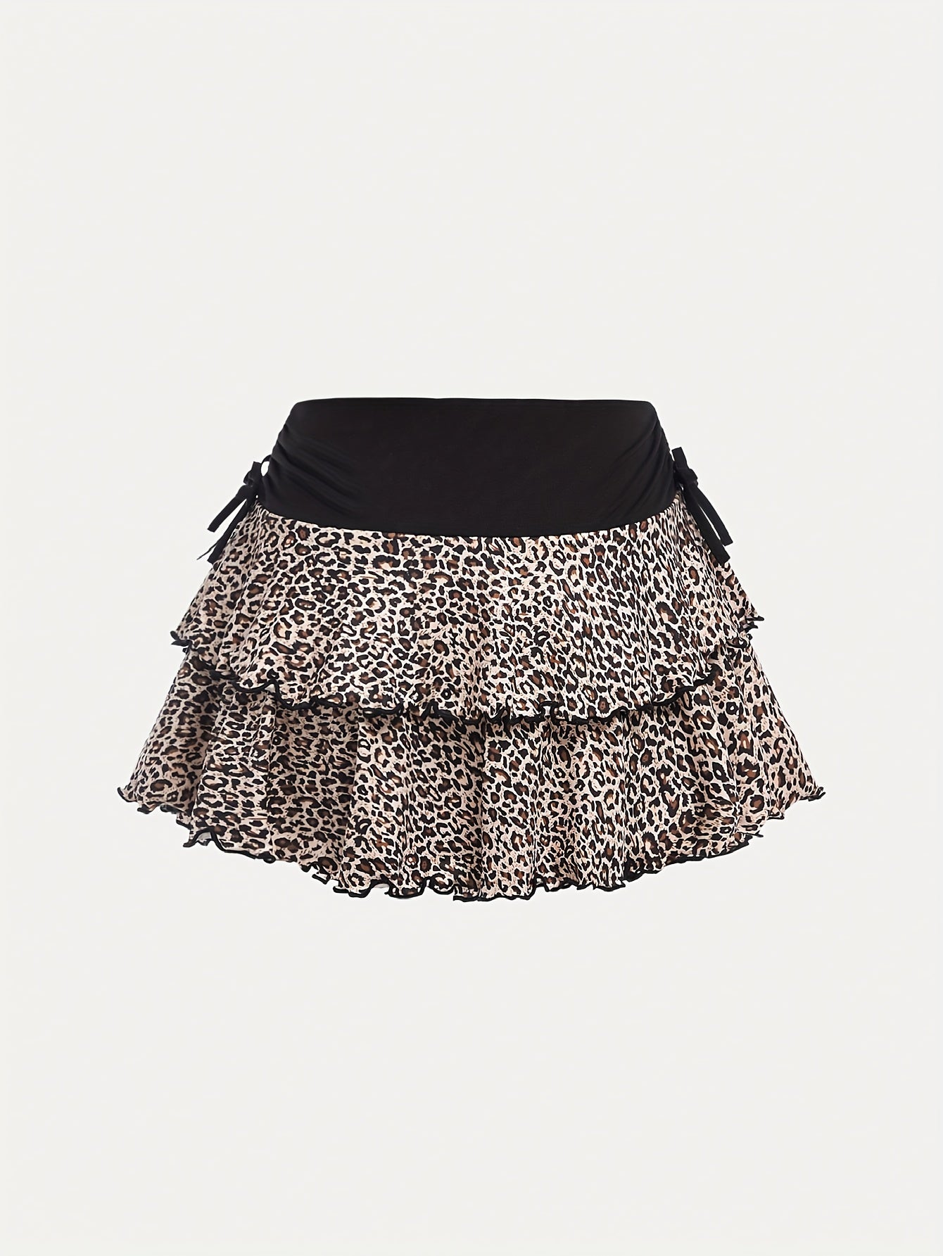 Plus Size Women's Leopard Print Ruffled Tiered Skirt Black White Polyester
