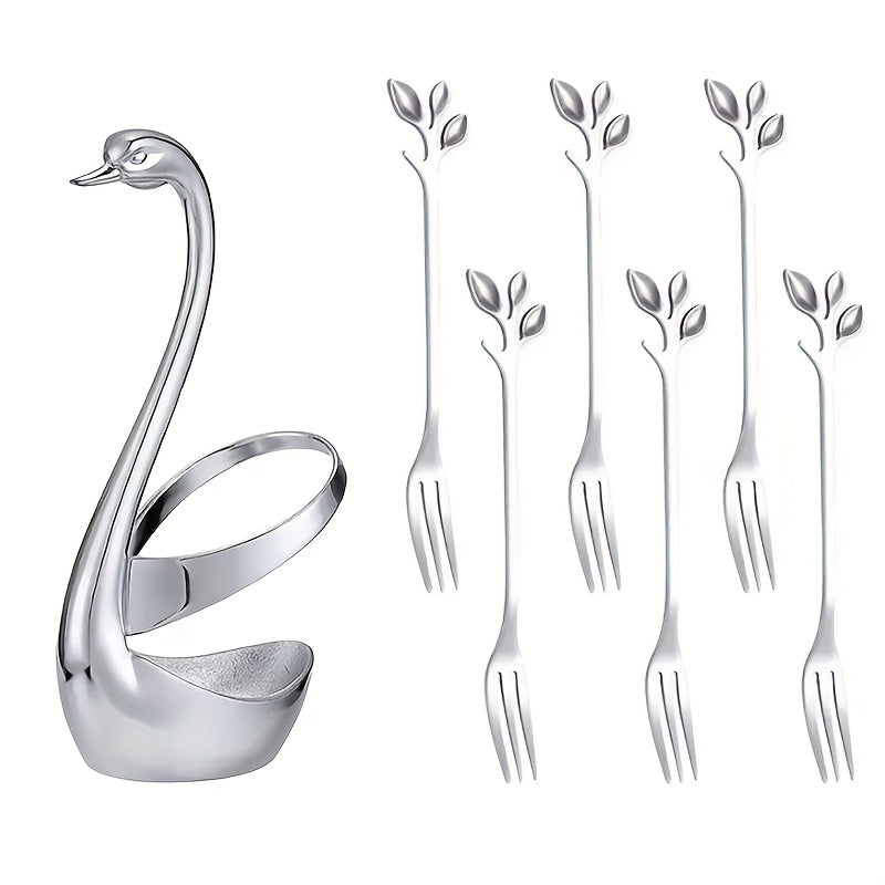 Set of 7 Coffee Spoons with Swan Base Stainless Steel Leaf Forks Mirror Finish