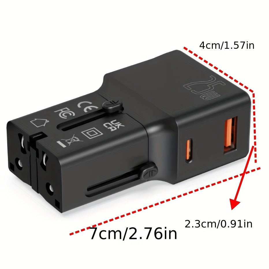 Adaptador de viaje internacional mini con PD de 25W y carga rápida QC 3.0 Tipo-C para EE. UU., UE y Reino Unido