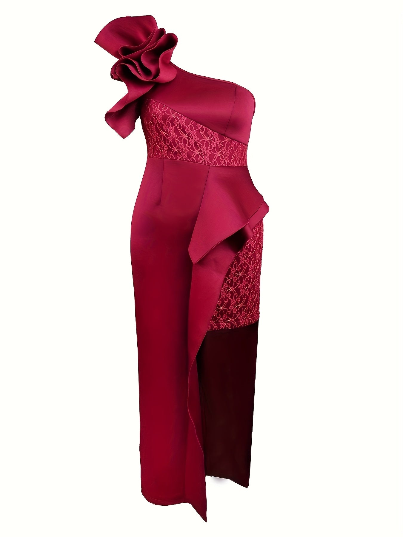Women's Burgundy Lace-Trimmed One-Shoulder Party Dress with Ruffle and Asymmetrical Hem