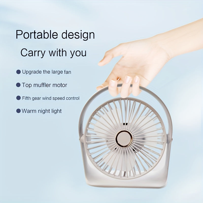 Portable USB Rechargeable Clip-On Fan with Nightlight, 5-Speed, 720° Rotation
