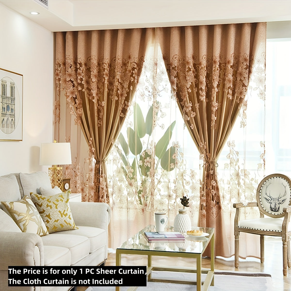 Sheer Curtain with Flower Pattern Pastoral Morning Glory Single Layer Rod Pocket for Living Room Bedroom