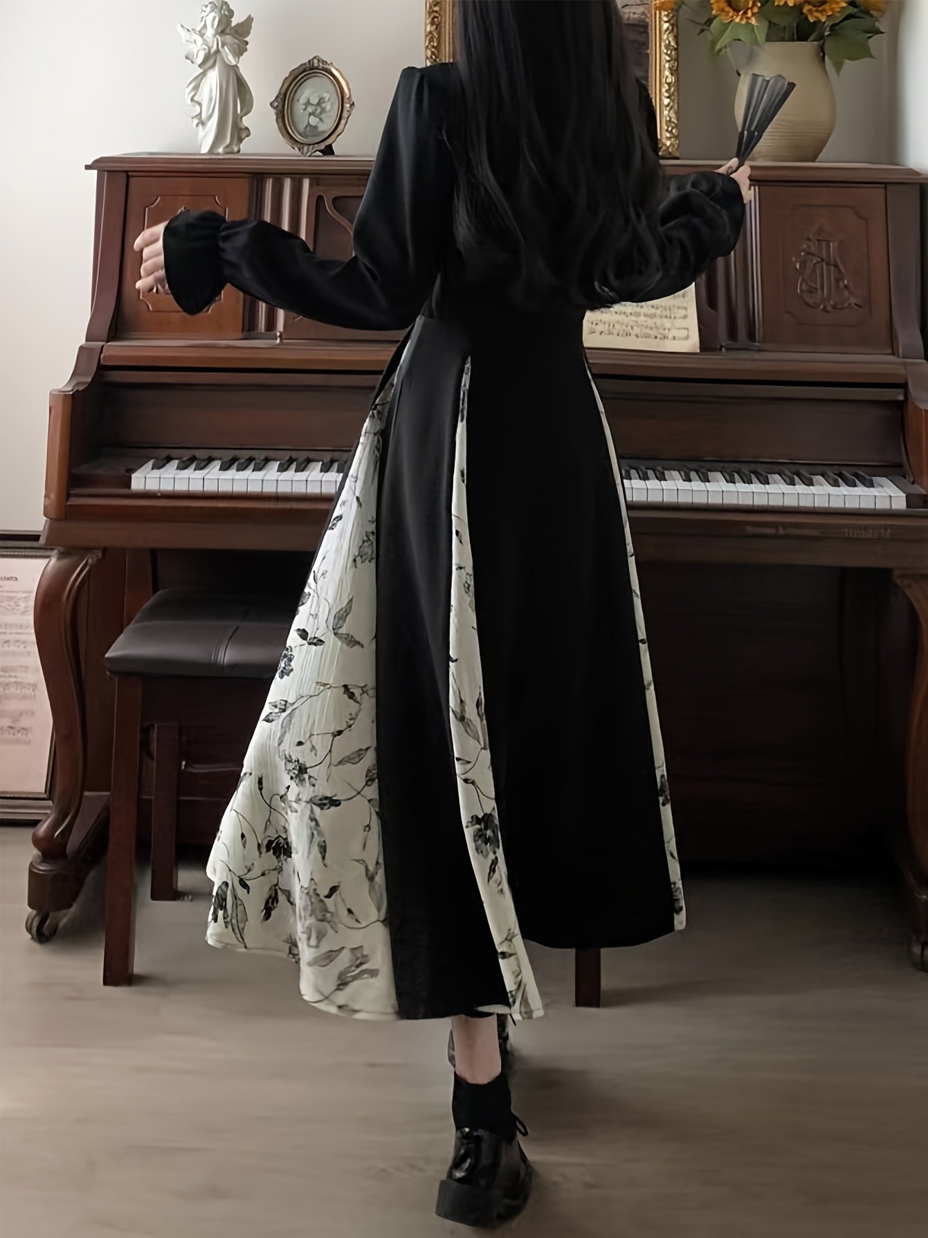 Women's Long Cheongsam Dress Lantern Sleeve Polyester Flared Party Holiday