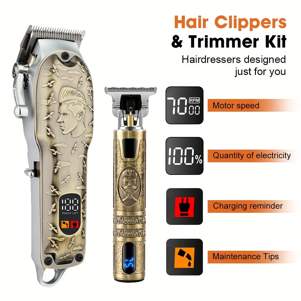 Professional Hair Clippers and Trimmer Set for Men USB Rechargeable 2000mAh Lithium Battery Low Noise Cordless Sharp Blades Digital Display Powerful Motor