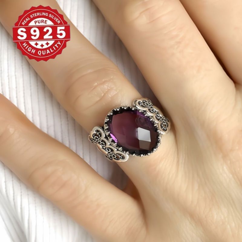 Sterling Silver Filigree Heart Cocktail Ring with Amethyst Gemstone