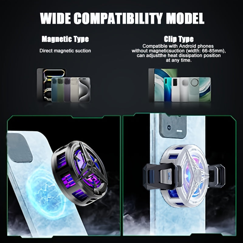 Портативный магнитный охладитель с цифровым дисплеем, тихий вентилятор для мобильных игр и прямых трансляций, питается от USB, совместим со всеми телефонами и ноутбуками, пластиковая конструкция.