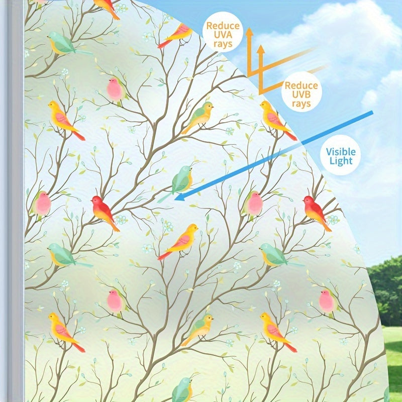 4Mil Thick Frosted Window Film with Bird and Branch Design for Privacy and Anti-Glare