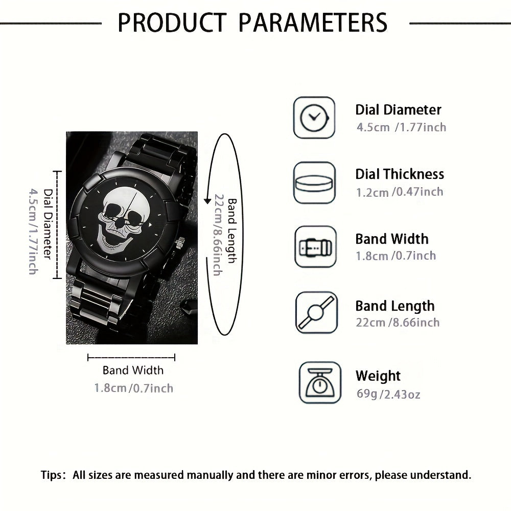 Men's Quartz Wristwatch and Bracelet Set with Skull Dial and Leather Band