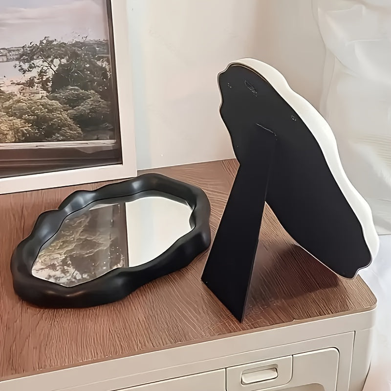 Irregular Desktop Makeup Mirror with Adjustable Plastic Frame and Glass Surface for Bathroom Office Bedroom Decor