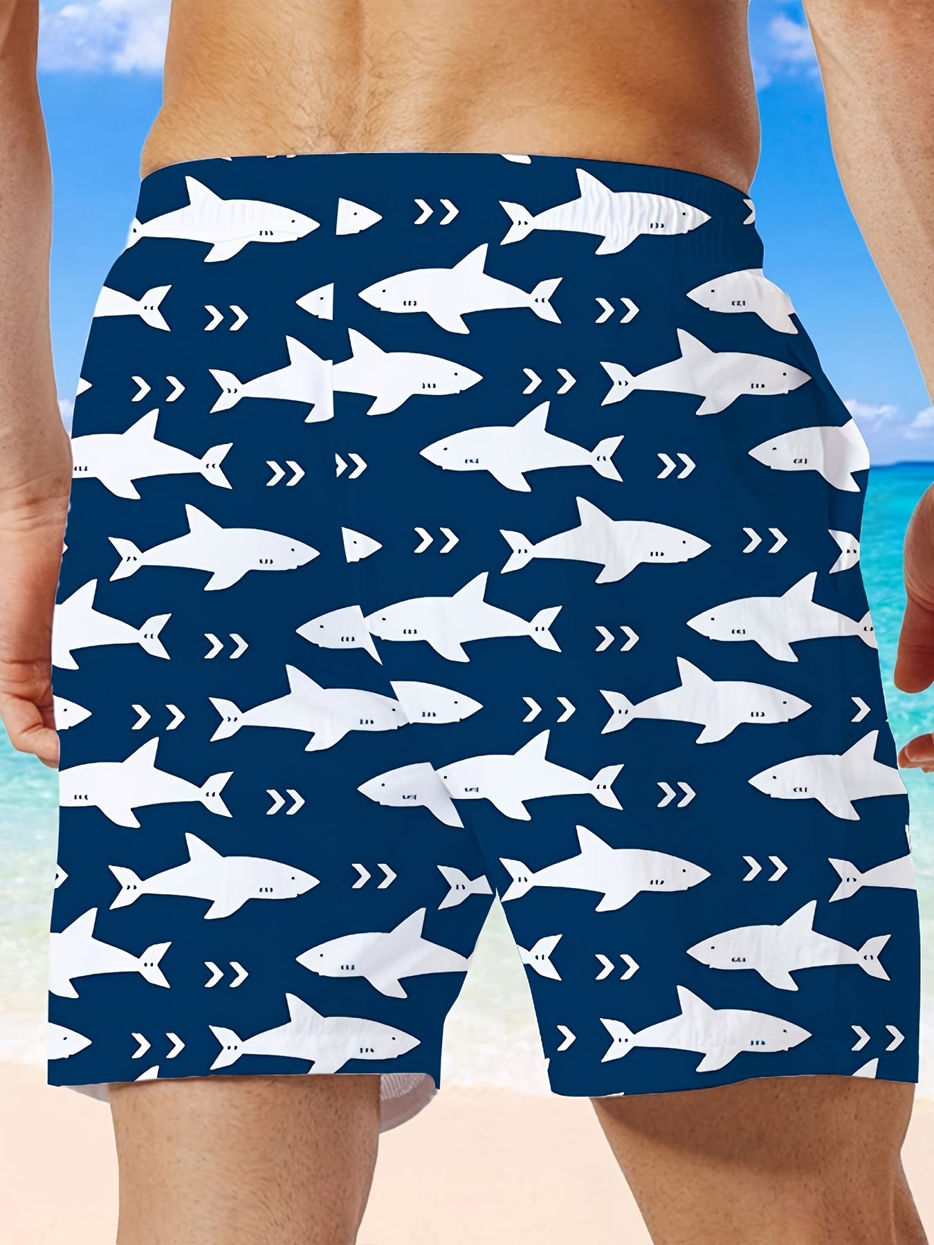 Men's Quick-Dry Ocean Style Swim Shorts with Shark Print Plus Size