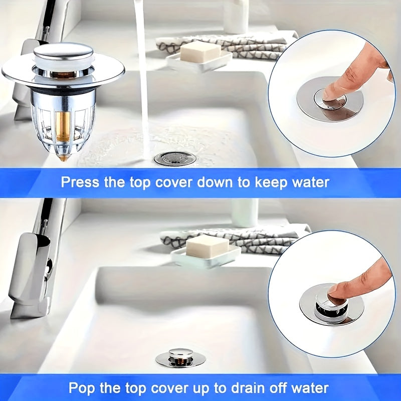 Pop-Up cho'kmasi, anti-hid xususiyati, soch tutgich va yuvish idishi va hammom uchun mustahkam plastik yadro bilan.