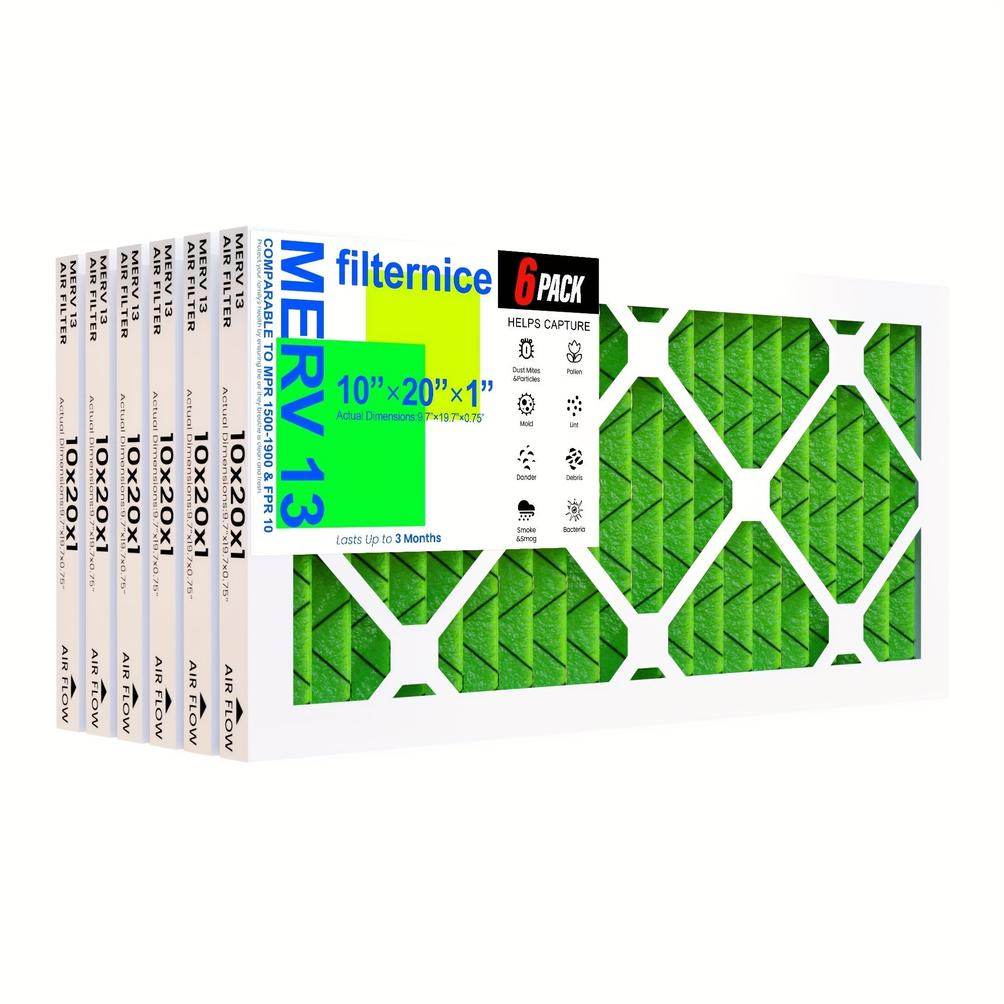 6-Pack Electrostatic Pleated Air Filters 25.4x50.8x2.54 cm MERV8/11/13 HVAC AC