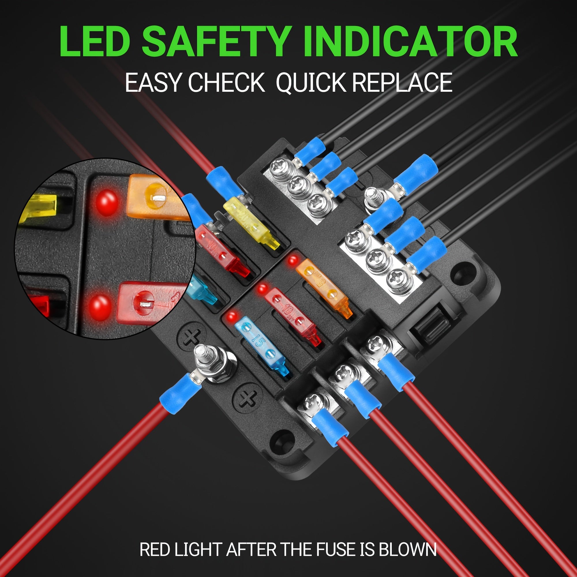 6-Way Fuse Box with LED Indicator Metal Automotive Marine Grade 12V