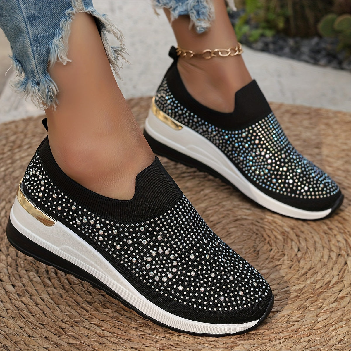 Women's Rhinestone Decor Platform Sneakers Casual Slip-On Outdoor Shoes