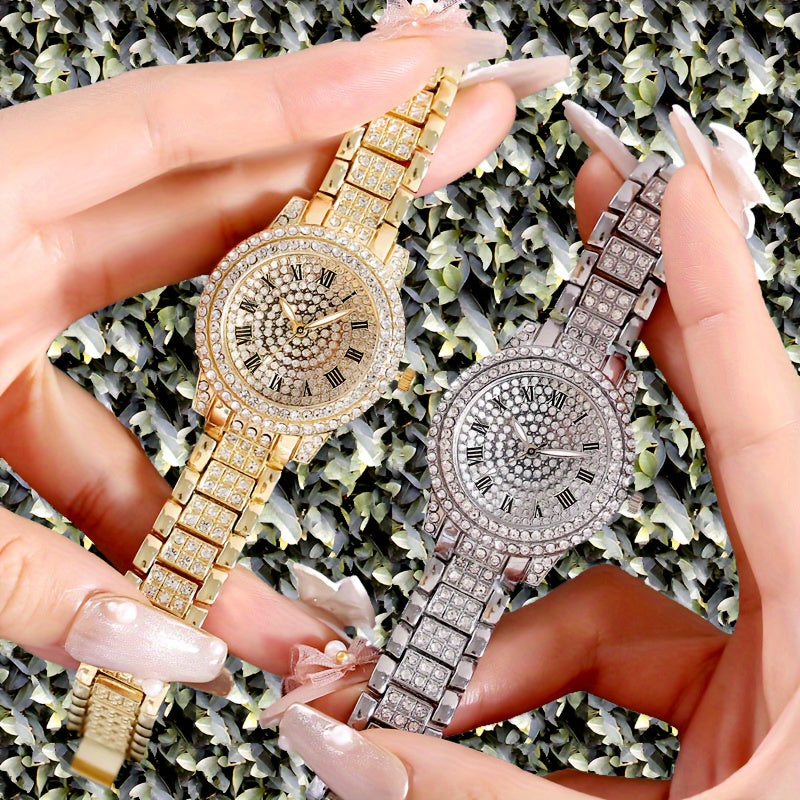 Reloj de cuarzo con esfera estrellada elegante y piedras de rhinestone para mujer