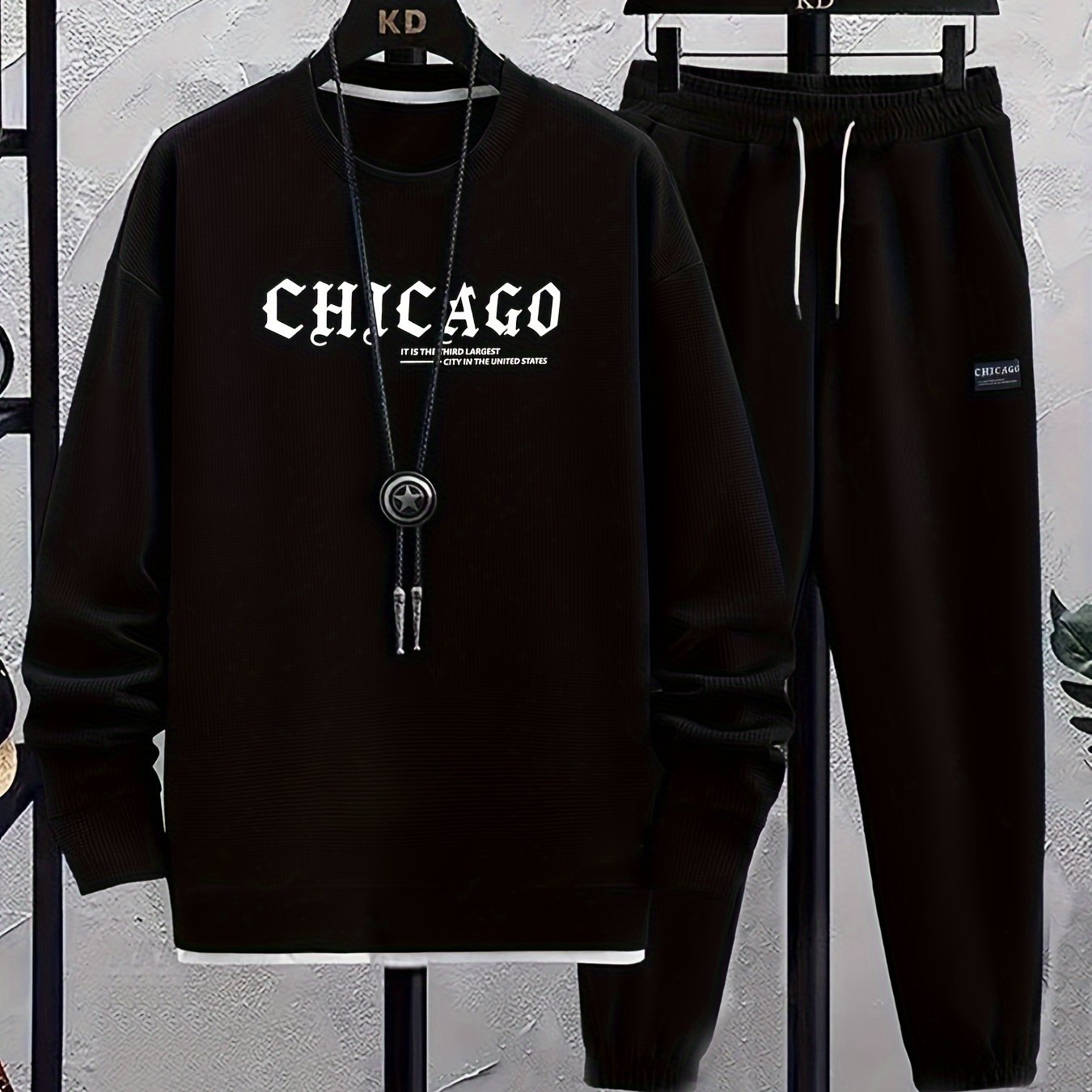 Men's Casual Polyester Sweatsuit Set with Crew Neck Waffle Print Alphabet Pattern Spring Fall Knit Fabric