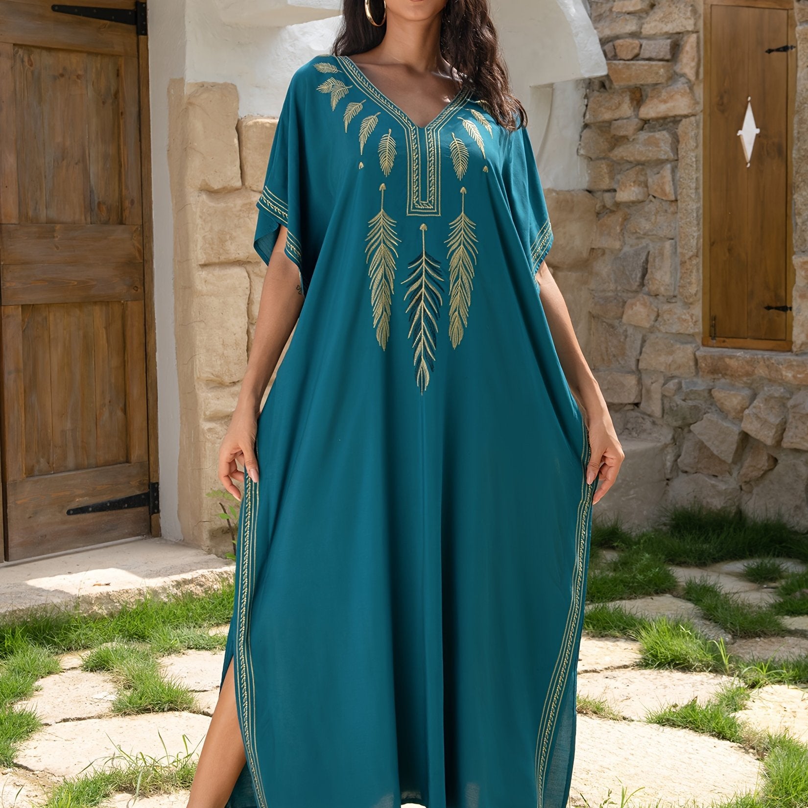 Women's Ethnic V-Neck Dress With Bat Sleeves and Side Slits for Beach Vacations