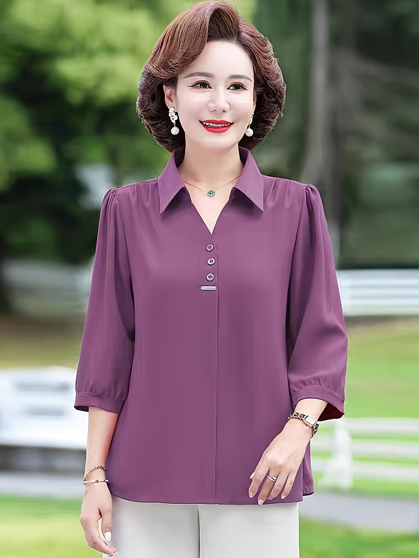 Women's Purple Chiffon Blouse with 3/4 Sleeves, Slim Fit, Decorative Buttons