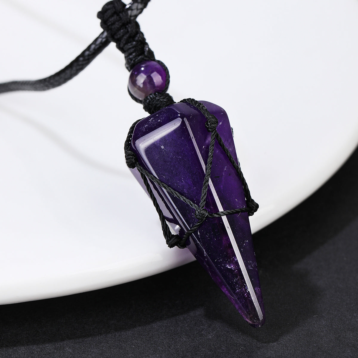 Men's Hexagonal Cone Pendant Necklace with Braided Rope and Amethyst Crystal