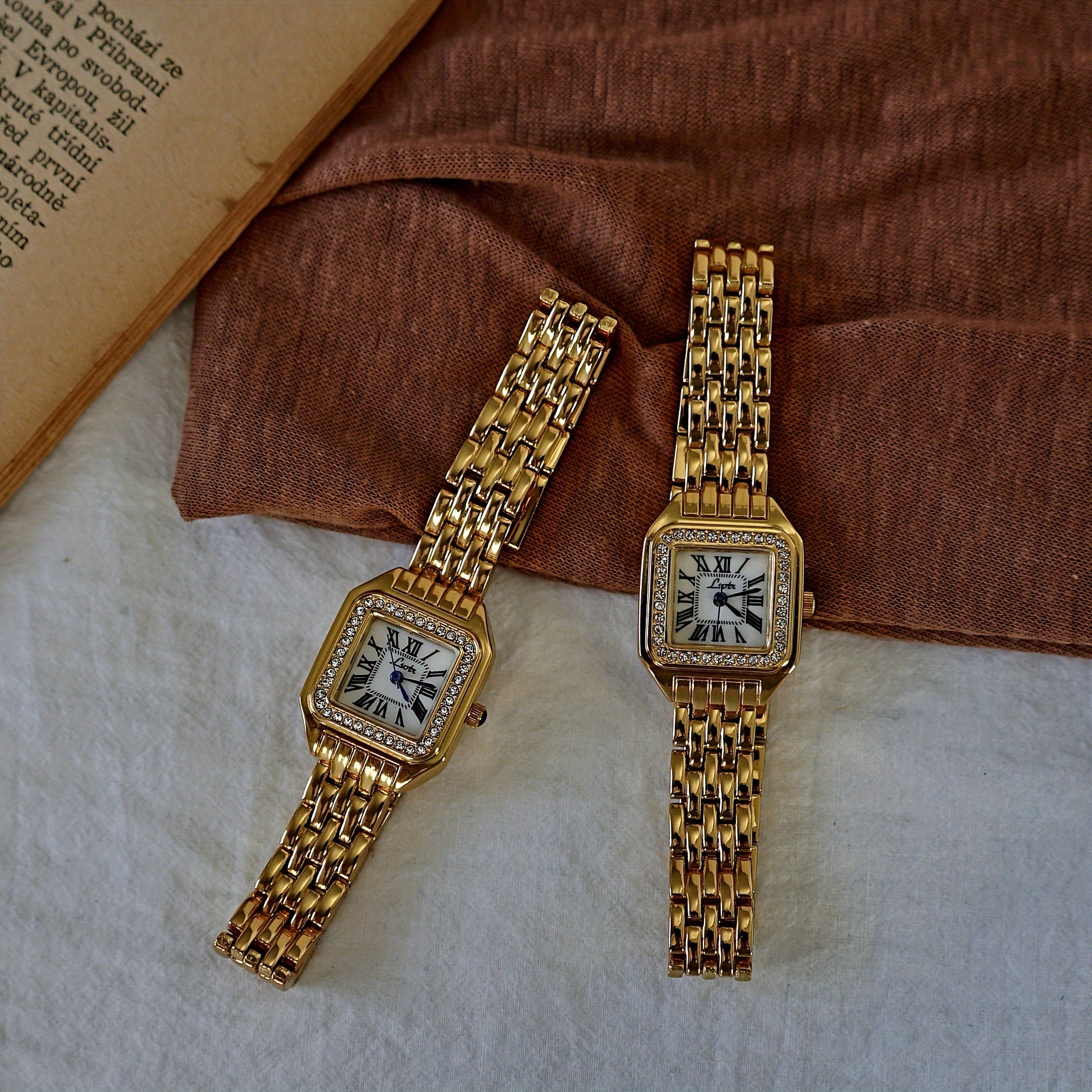 Gold-Tone Square Watch Water-Resistant with Roman Numerals and Water Drops for Women