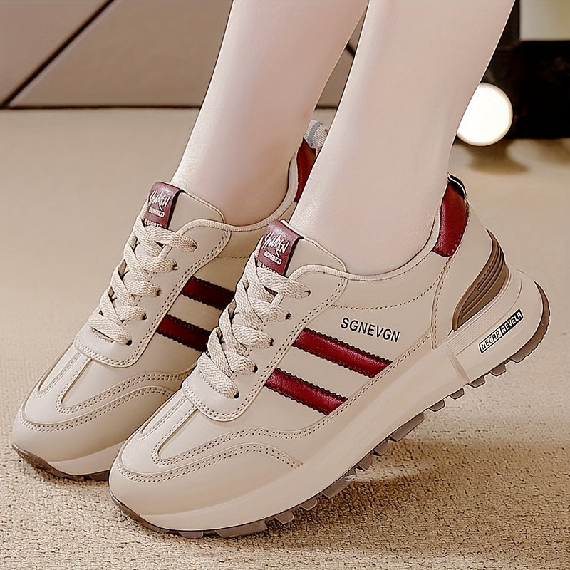 Women’s Low-Top Sneakers Beige Striped Anti-Slip Breathable All-Season Shoes