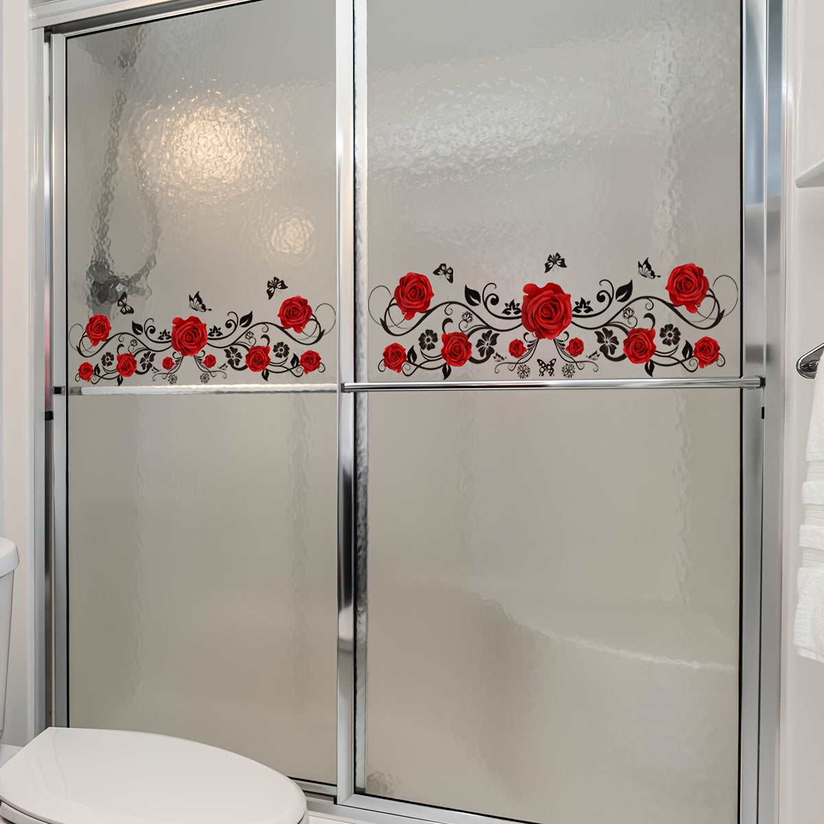 Modern Rose and Butterfly Vine Mirror Decal Set Self-Adhesive PVC Bathroom Shower Door Decor
