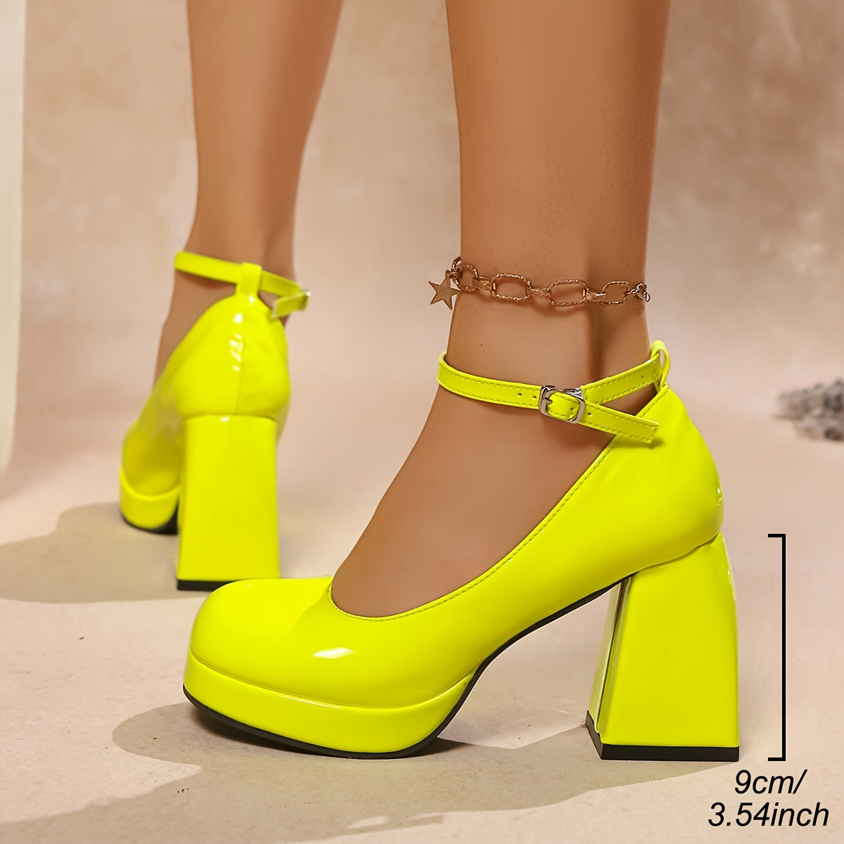 Women's Neon Yellow Chunky Platform Block Heels for Parties and Events