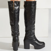 Women's Mid-Calf Leather Boots Thick-Sole High Heels Anti-Skid Autumn Winter