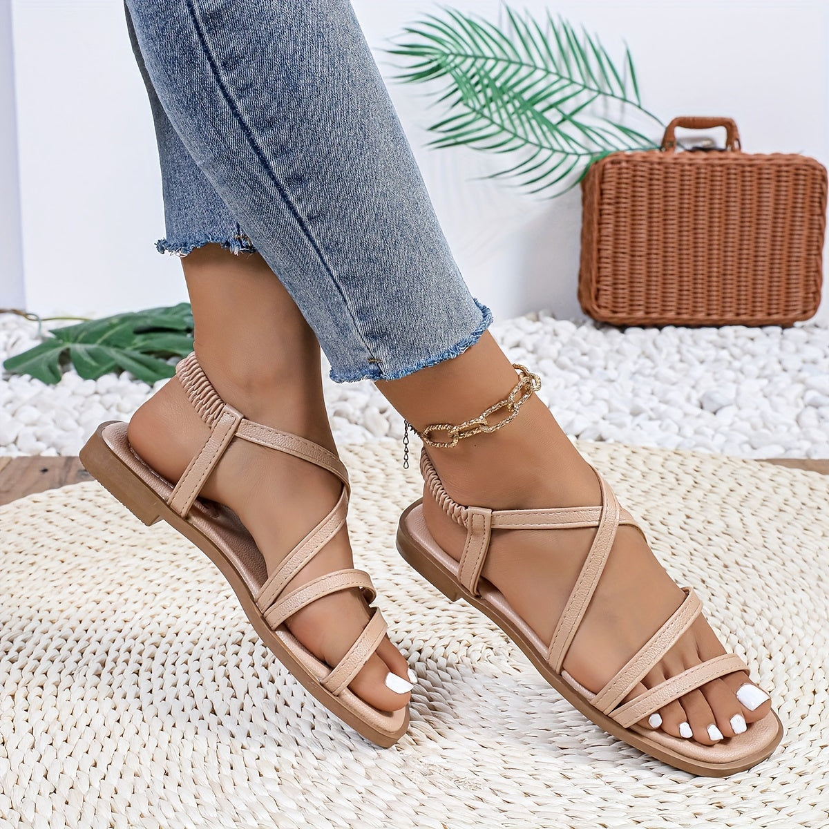 Women's Sandals Adjustable Ankle Strap Open Toe Flats Breathable Summer Black