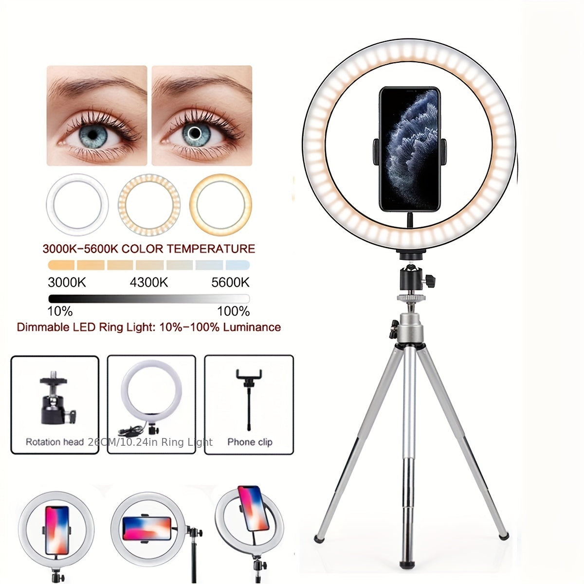 25.4cm Ring Light with Tripod Stand and Phone Holder for Photography and Live Streaming