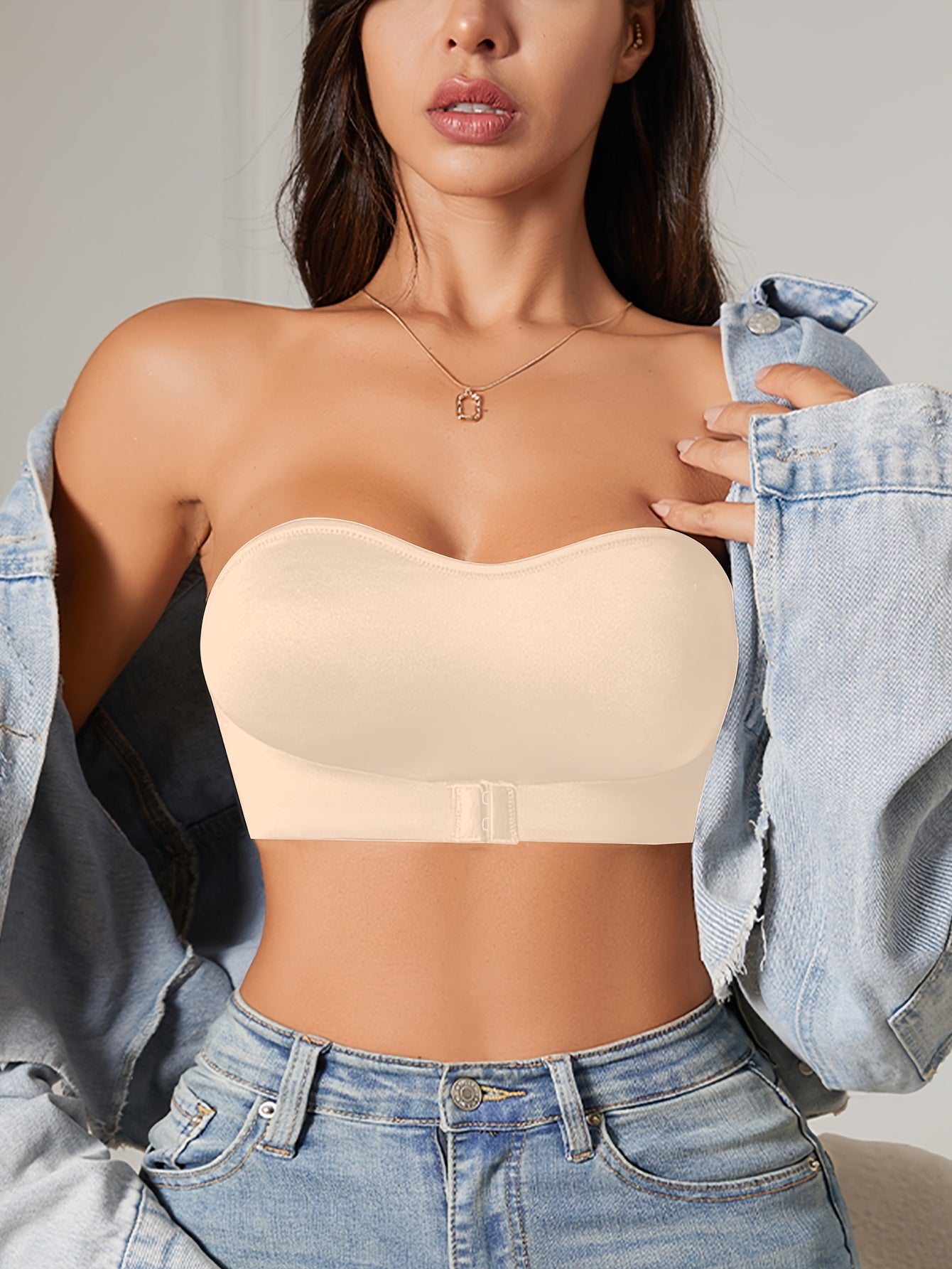 Women's Strapless Bandeau Bra with Removable Pads Breathable Nylon Elastane