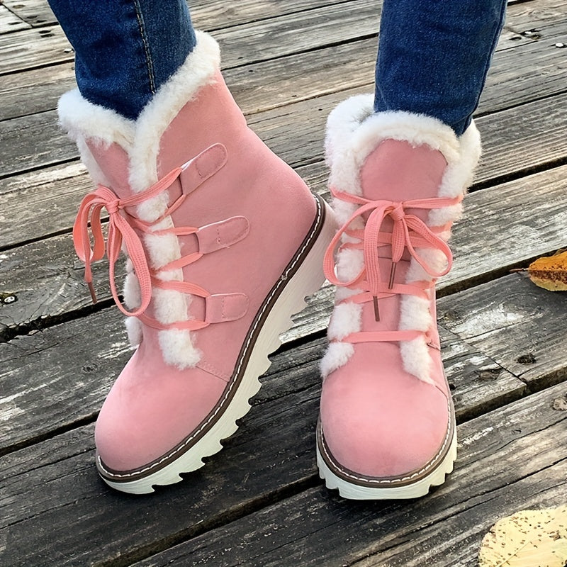 Women's Pink Winter Snow Boots Plush Lined Faux Fur Mid-Calf