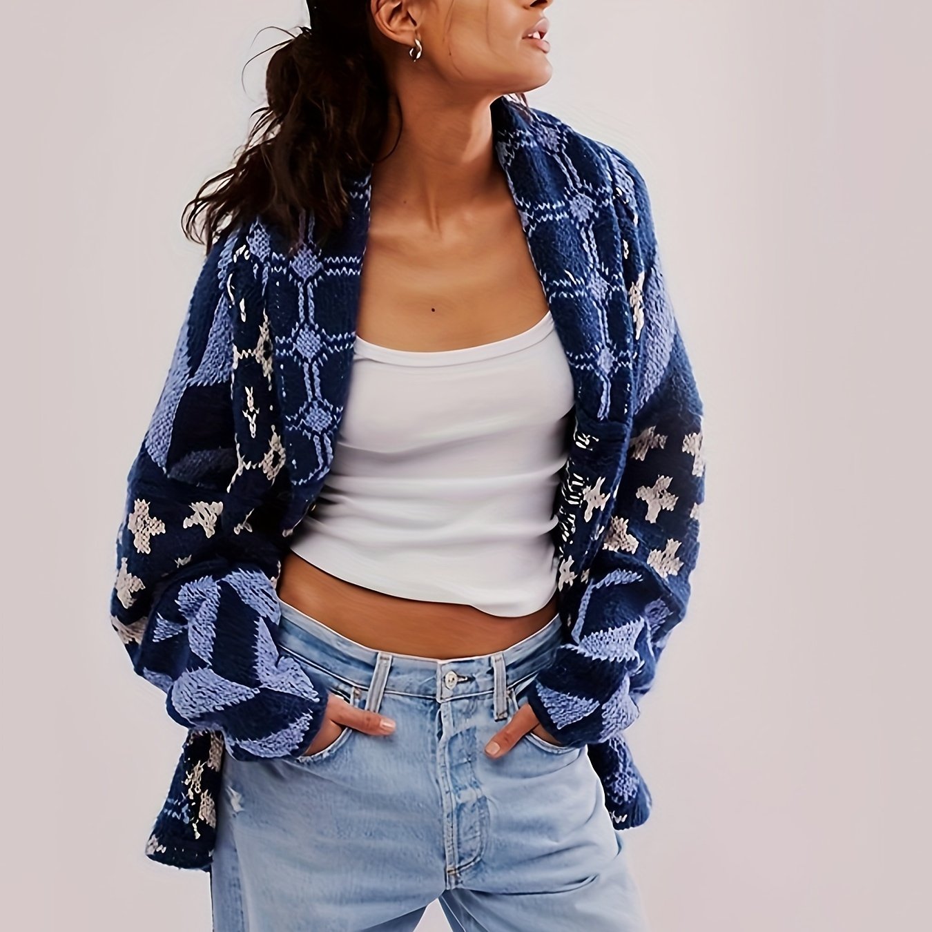 Plus Size Women's Geometric Pattern Cardigan Long Sleeve Open Front Fall Winter Layering