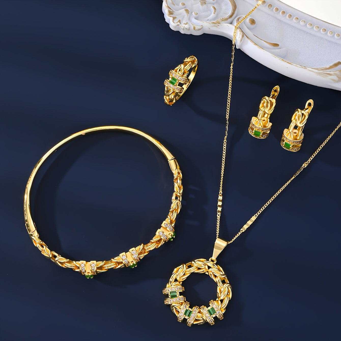 Gold-Plated Jewelry Set with Zirconia Stones for Women 5-Piece Dubai-Inspired