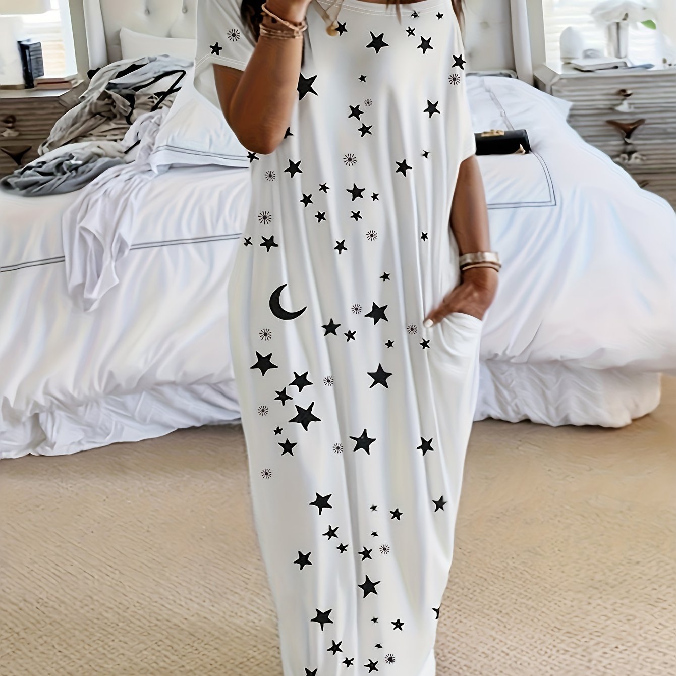 Women's Lounge Dress Plus Size Tie Dye Butterfly Heart Print One Shoulder Sleep Dress With Pockets