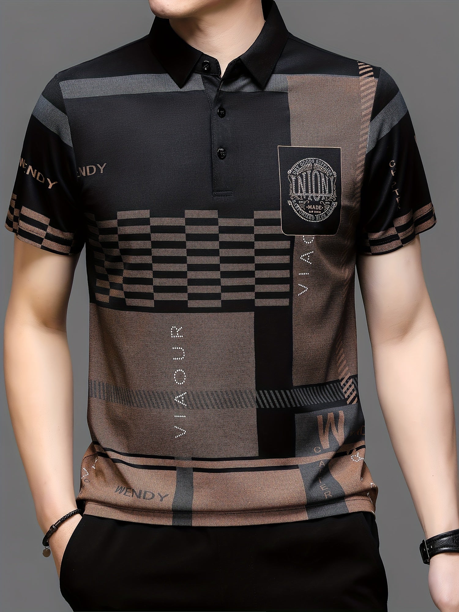 Conjunto de camisetas polo de verano para hombre, manga corta, patrón de cuadros, adornos en inglés